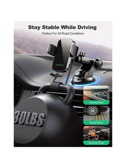 Wireless Car Phone Holder Charger- 15W Fast Auto Clamping Mount With Dash And Windshield Compatibility For 15, 14, 13, 12, 11 Pro Max, Easy Installation And Adjustable Viewing Angle Fast Charging Ada