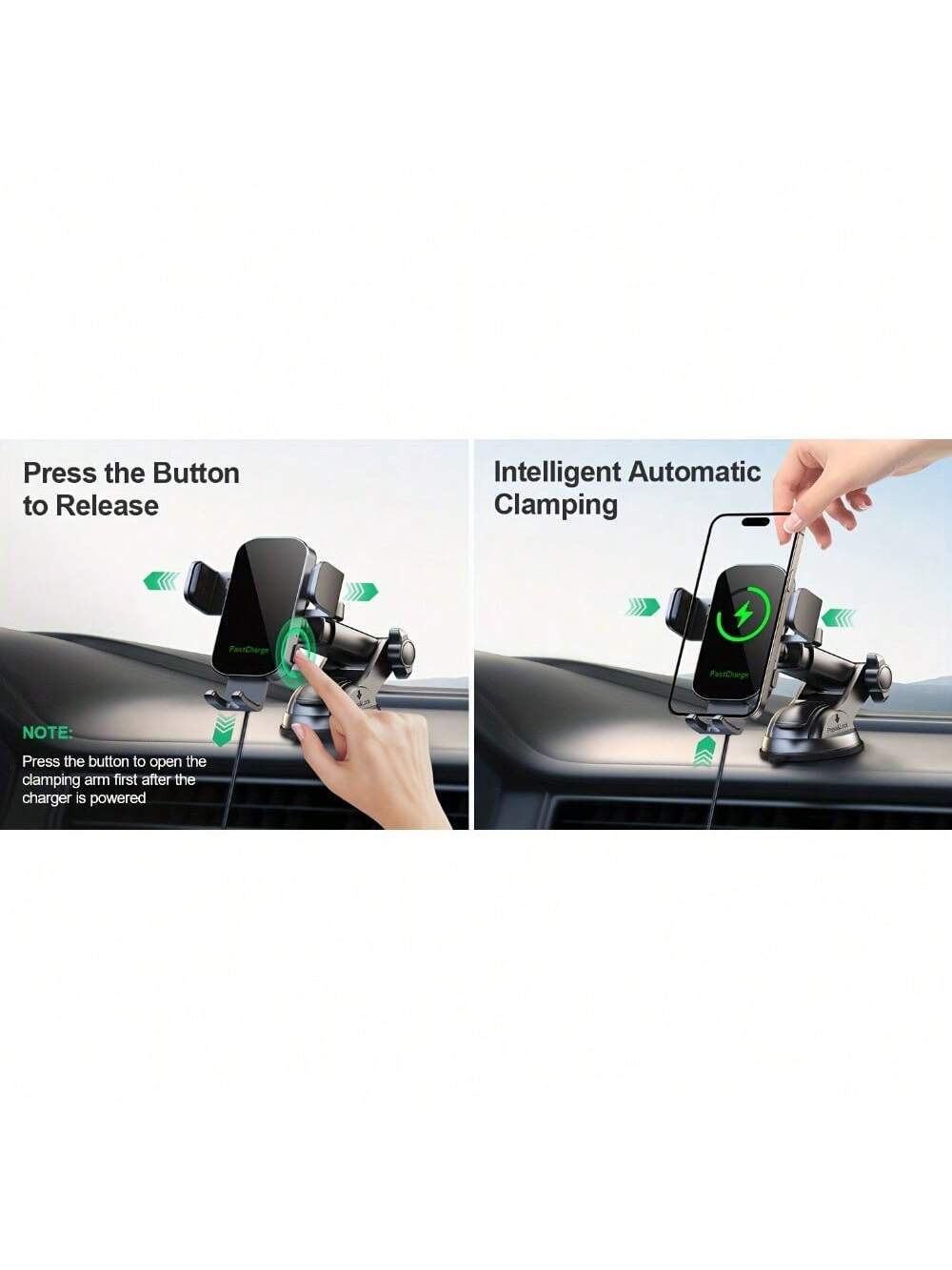 Wireless Car Phone Holder Charger- 15W Fast Auto Clamping Mount With Dash And Windshield Compatibility For 15, 14, 13, 12, 11 Pro Max, Easy Installation And Adjustable Viewing Angle Fast Charging Ada