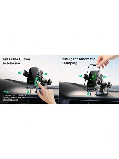 Wireless Car Phone Holder Charger- 15W Fast Auto Clamping Mount With Dash And Windshield Compatibility For 15, 14, 13, 12, 11 Pro Max, Easy Installation And Adjustable Viewing Angle Fast Charging Ada