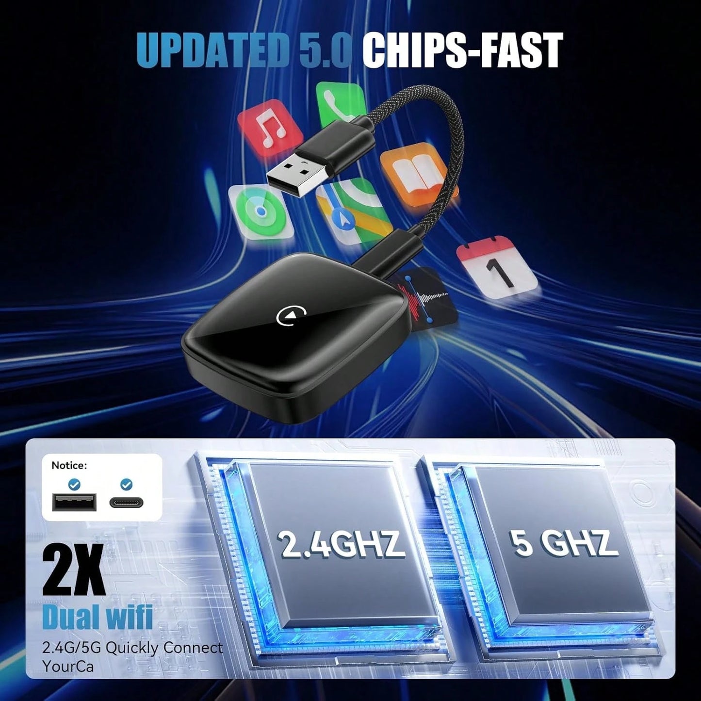 ‌ Wireless CarPlay Adapter For, Convert Wired To Wireless CarPlay, Plug & Play For OEM Systems 2015+, Instant Connection & Control (IOS 10+ Android 11 Compatible)