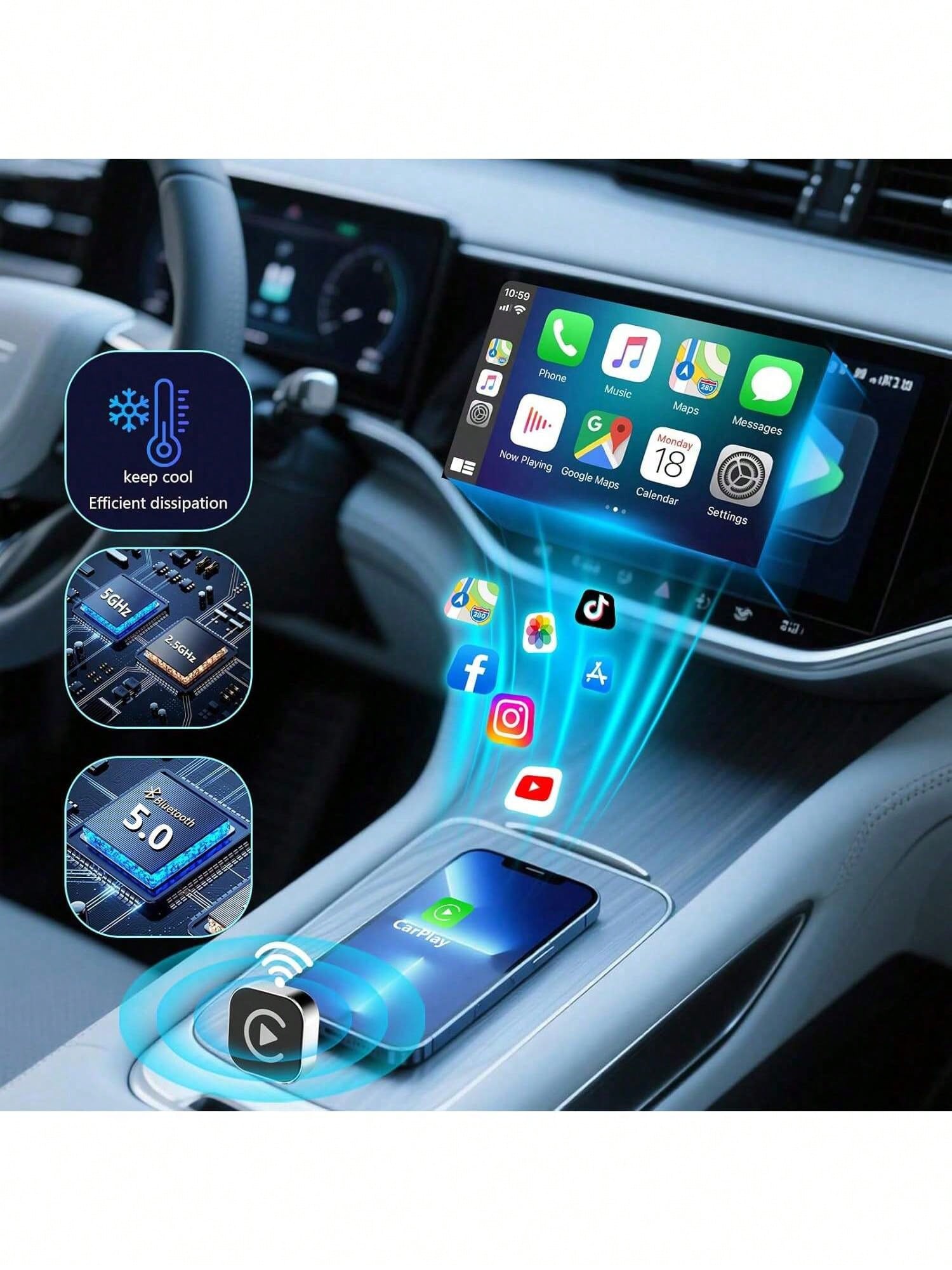 Wireless Carplay Adapter For IPhone, Carplay Wireless Adapter For Car With Wired CarPlay, With Bluetooth 5.0 & Dual-Band WiFi- Compatible With Android Auto, Mini Compact Design, Plug And Play, Stable