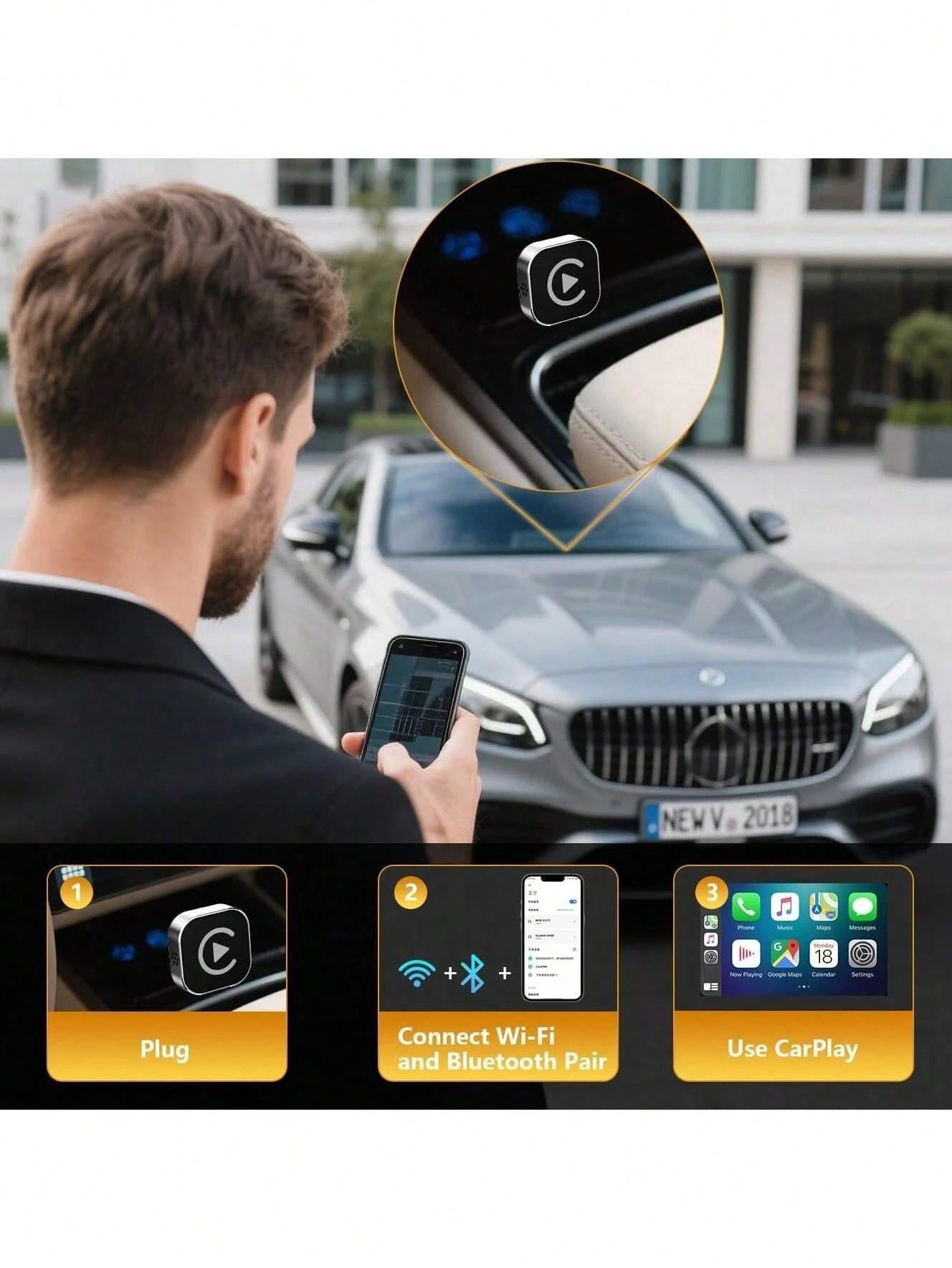 Wireless Carplay Adapter For IPhone, Carplay Wireless Adapter For Car With Wired CarPlay, With Bluetooth 5.0 & Dual-Band WiFi- Compatible With Android Auto, Mini Compact Design, Plug And Play, Stable