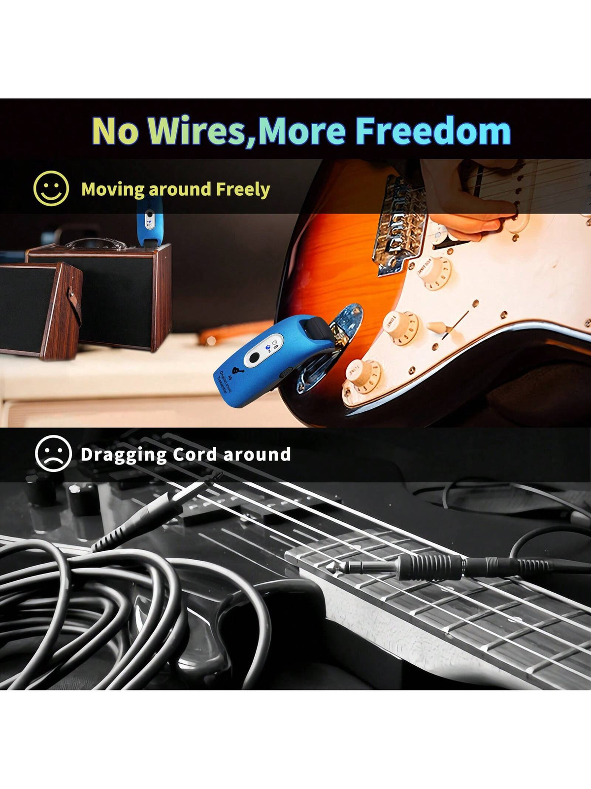 Wireless Guitar System 2.4GHz Built-In Rechargeable Lithium Battery 270°Rotatable Audio Wireless Transmitter Receiver For Acoustic Guitar Bass Violin Keyboard Electric Instruments, Blue