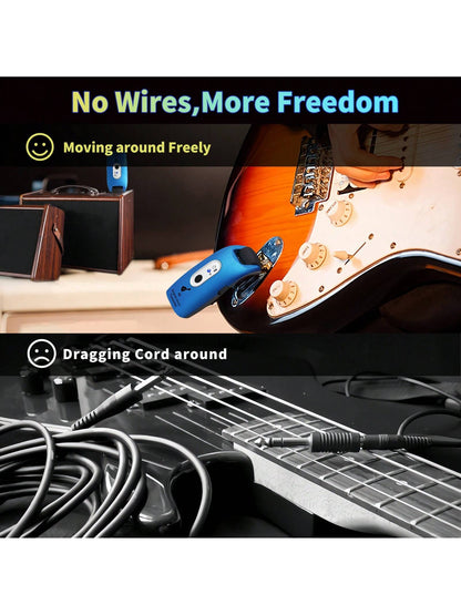 Wireless Guitar System 2.4GHz Built-In Rechargeable Lithium Battery 270°Rotatable Audio Wireless Transmitter Receiver For Acoustic Guitar Bass Violin Keyboard Electric Instruments, Blue