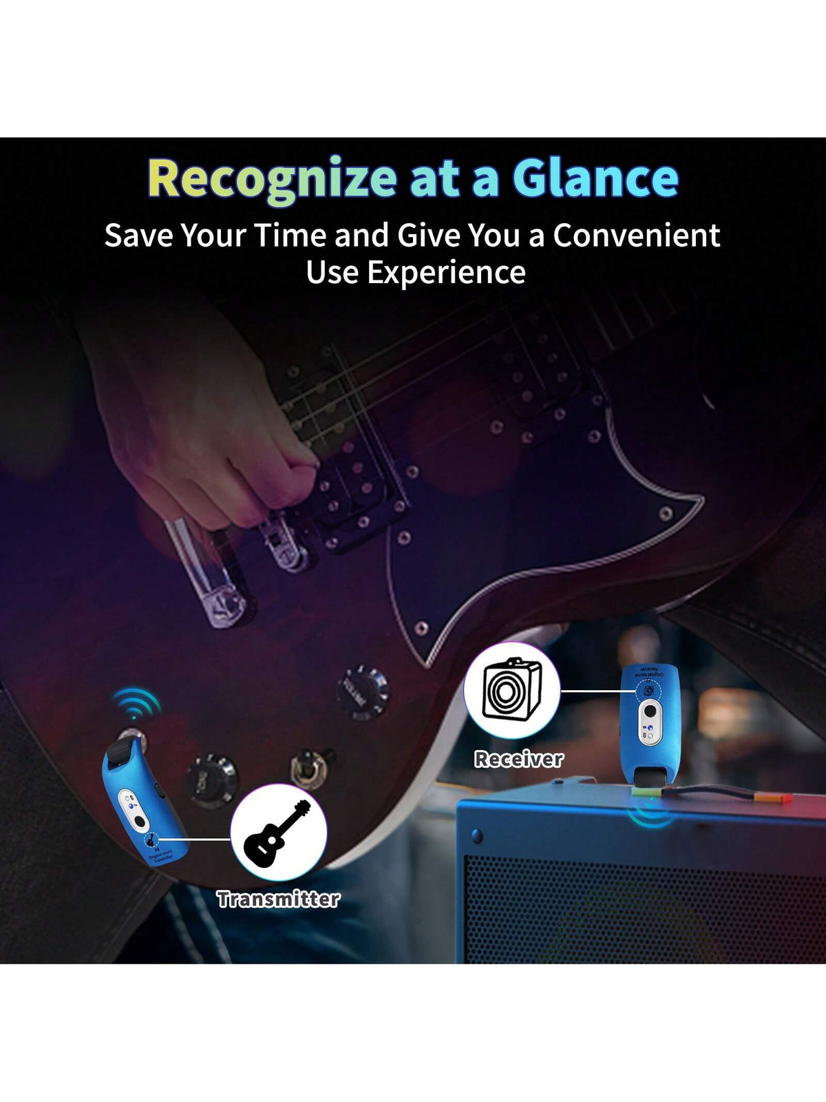 Wireless Guitar System 2.4GHz Built-In Rechargeable Lithium Battery 270°Rotatable Audio Wireless Transmitter Receiver For Acoustic Guitar Bass Violin Keyboard Electric Instruments, Blue