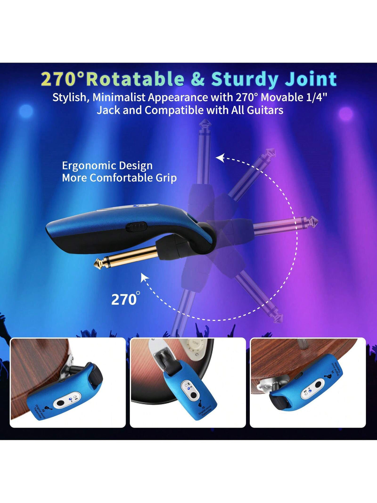 Wireless Guitar System 2.4GHz Built-In Rechargeable Lithium Battery 270°Rotatable Audio Wireless Transmitter Receiver For Acoustic Guitar Bass Violin Keyboard Electric Instruments, Blue