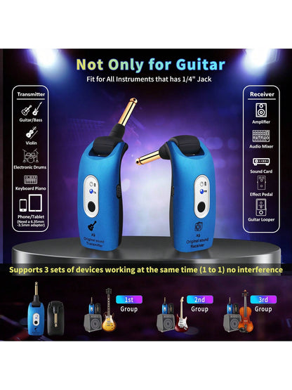 Wireless Guitar System 2.4GHz Built-In Rechargeable Lithium Battery 270°Rotatable Audio Wireless Transmitter Receiver For Acoustic Guitar Bass Violin Keyboard Electric Instruments, Blue