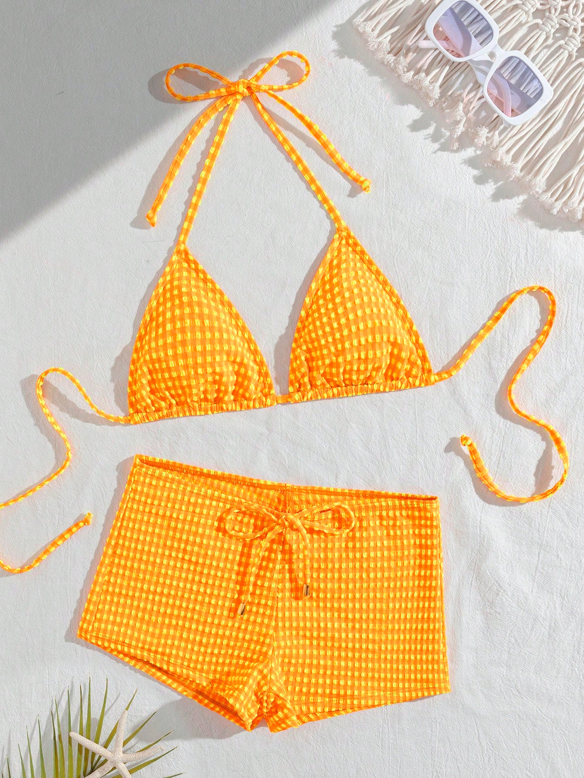 wohenmeili Plaid Print Halter Twist Bikini Set, Bohemian Style Patterned High Elasticity Bikini, Women's Tie Triangle Swimwear Top And Side Tie Ruched Thong Bottoms, Beach Wear, Special Plaid Fabric W