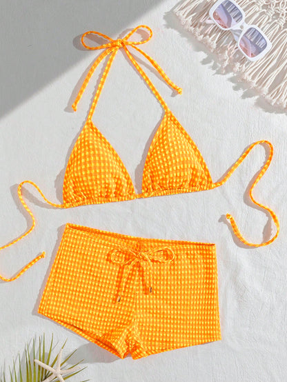 wohenmeili Plaid Print Halter Twist Bikini Set, Bohemian Style Patterned High Elasticity Bikini, Women's Tie Triangle Swimwear Top And Side Tie Ruched Thong Bottoms, Beach Wear, Special Plaid Fabric W
