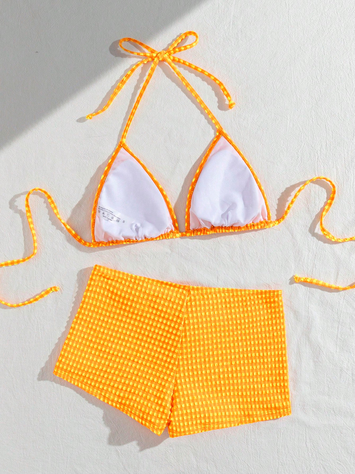 wohenmeili Plaid Print Halter Twist Bikini Set, Bohemian Style Patterned High Elasticity Bikini, Women's Tie Triangle Swimwear Top And Side Tie Ruched Thong Bottoms, Beach Wear, Special Plaid Fabric W