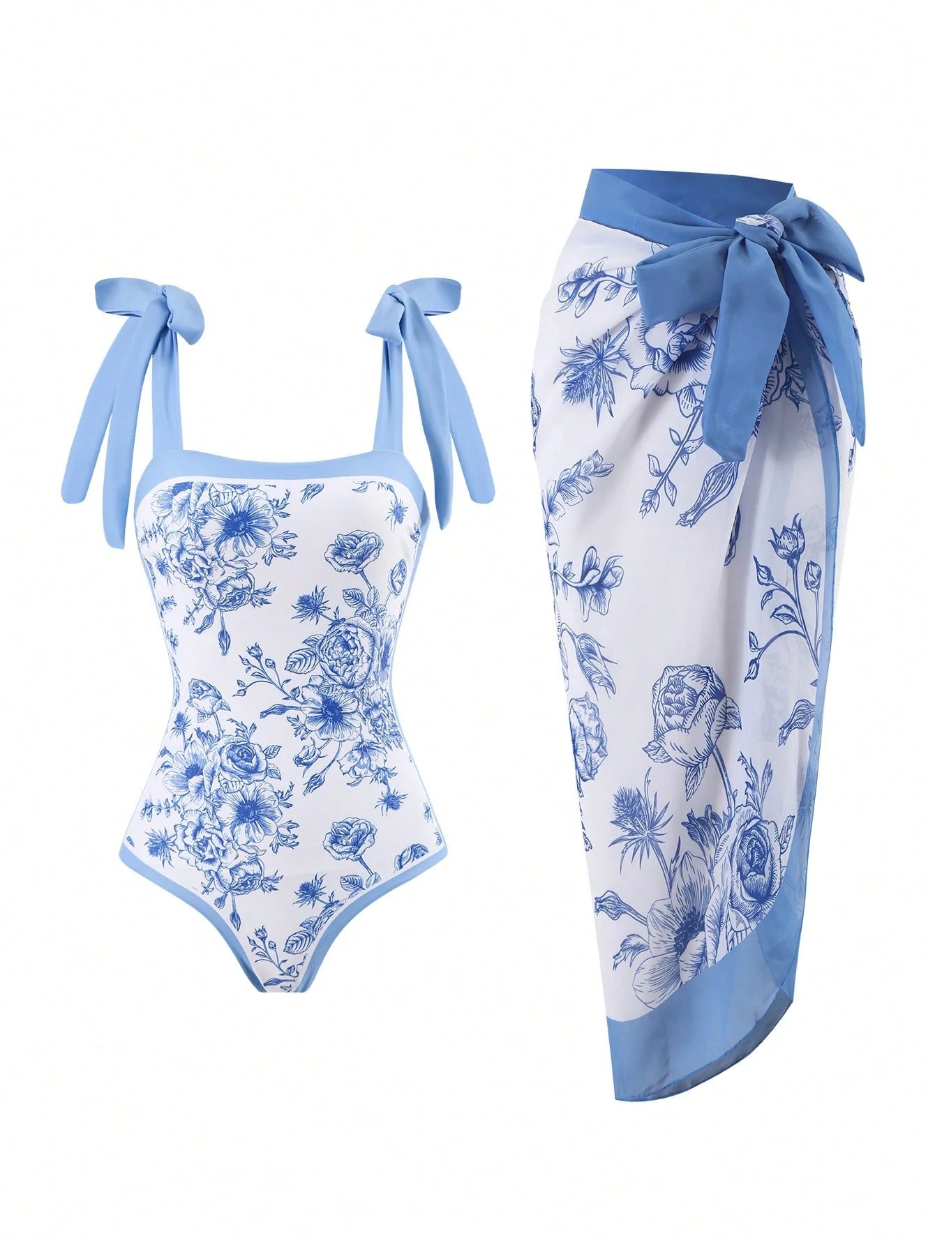 Women Floral Print Ruffle Hem Modest One-Piece Swimsuit, Slim Fit, Suitable For Vacation, Beach, Hot Springs Summer