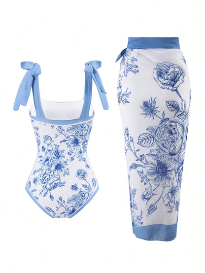 Women Floral Print Ruffle Hem Modest One-Piece Swimsuit, Slim Fit, Suitable For Vacation, Beach, Hot Springs Summer