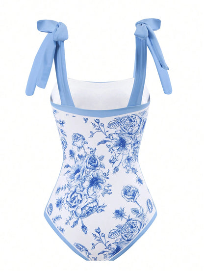 Women Floral Print Ruffle Hem Modest One-Piece Swimsuit, Slim Fit, Suitable For Vacation, Beach, Hot Springs Summer