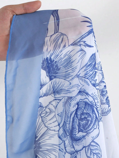 Women Floral Print Ruffle Hem Modest One-Piece Swimsuit, Slim Fit, Suitable For Vacation, Beach, Hot Springs Summer