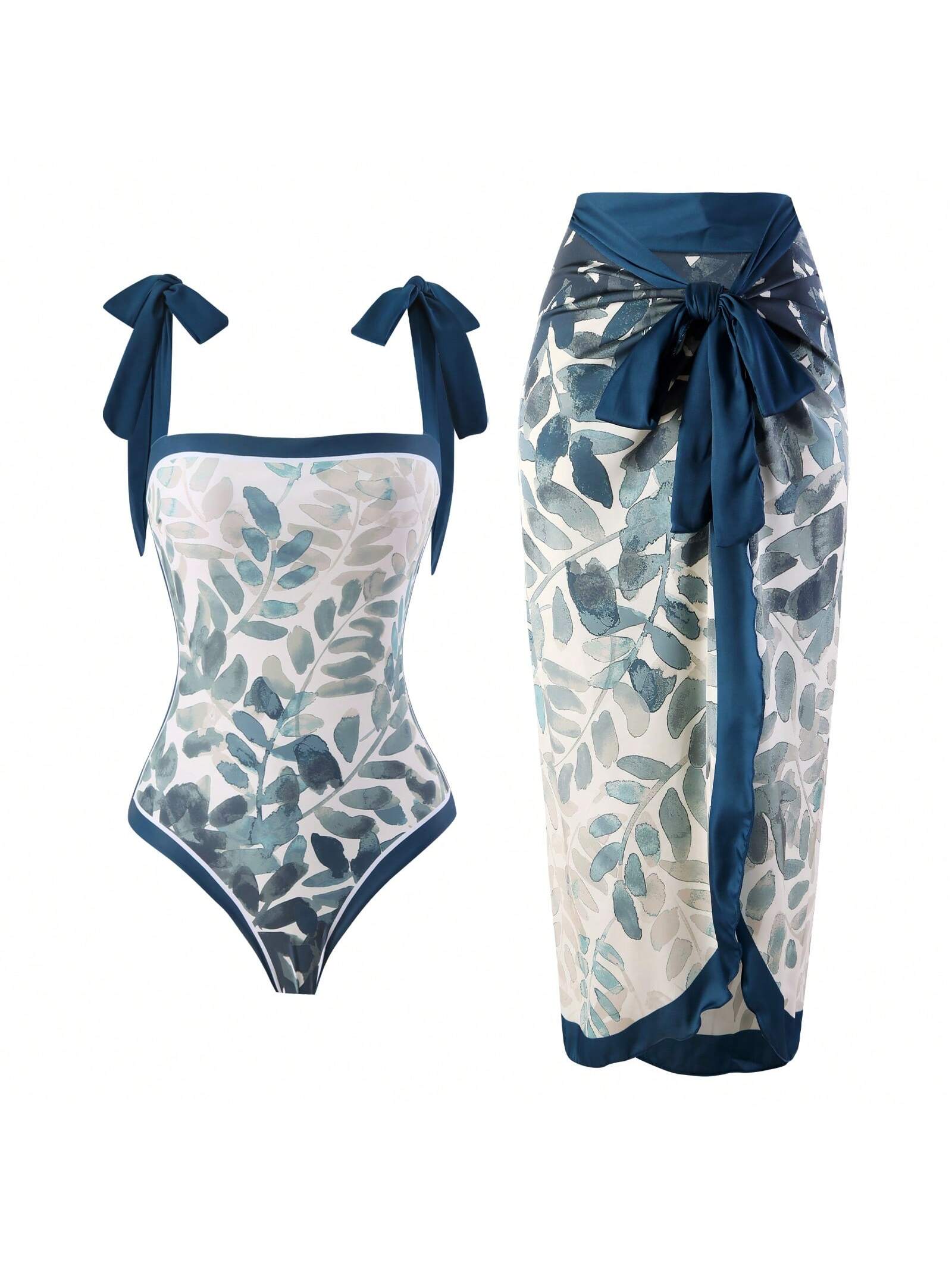 Women Floral Print Ruffle Hem Modest One-Piece Swimsuit, Slim Fit, Suitable For Vacation, Beach, Hot Springs Summer