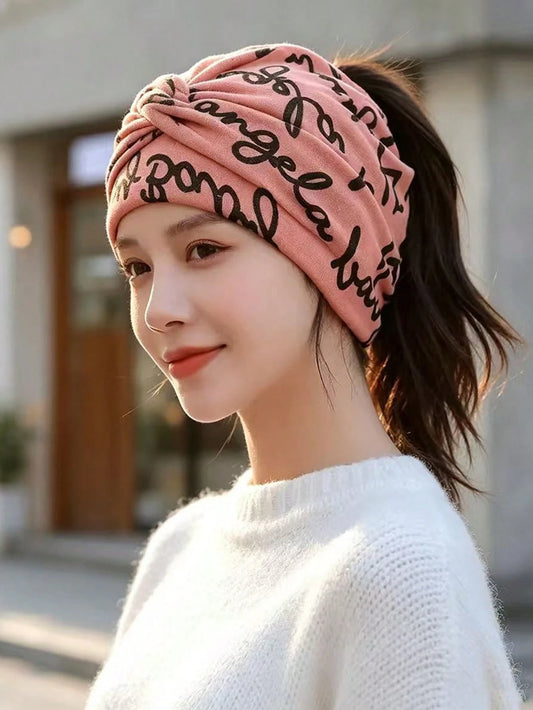 Women's American Letter Print Twisted Headwrap Cap, Elastic Wide Band Headscarf, Casual Hair Cap For High Ponytail, Spring/Autumn Windproof Versatile Fashion Beanie, Chemotherapy Hair Cover Slouchy Ha