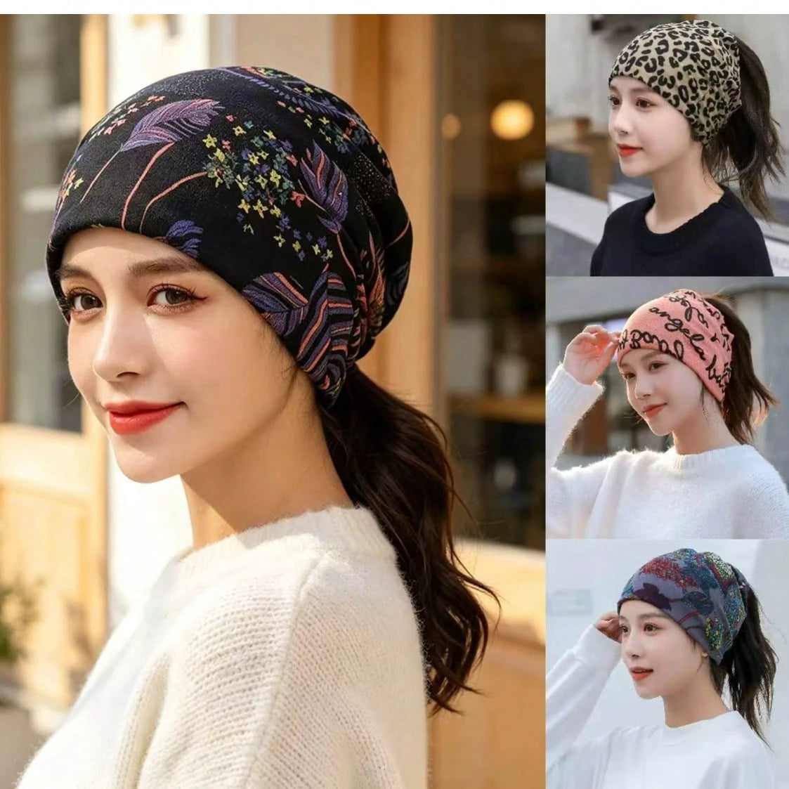Women's American Letter Print Twisted Headwrap Cap, Elastic Wide Band Headscarf, Casual Hair Cap For High Ponytail, Spring/Autumn Windproof Versatile Fashion Beanie, Chemotherapy Hair Cover Slouchy Ha