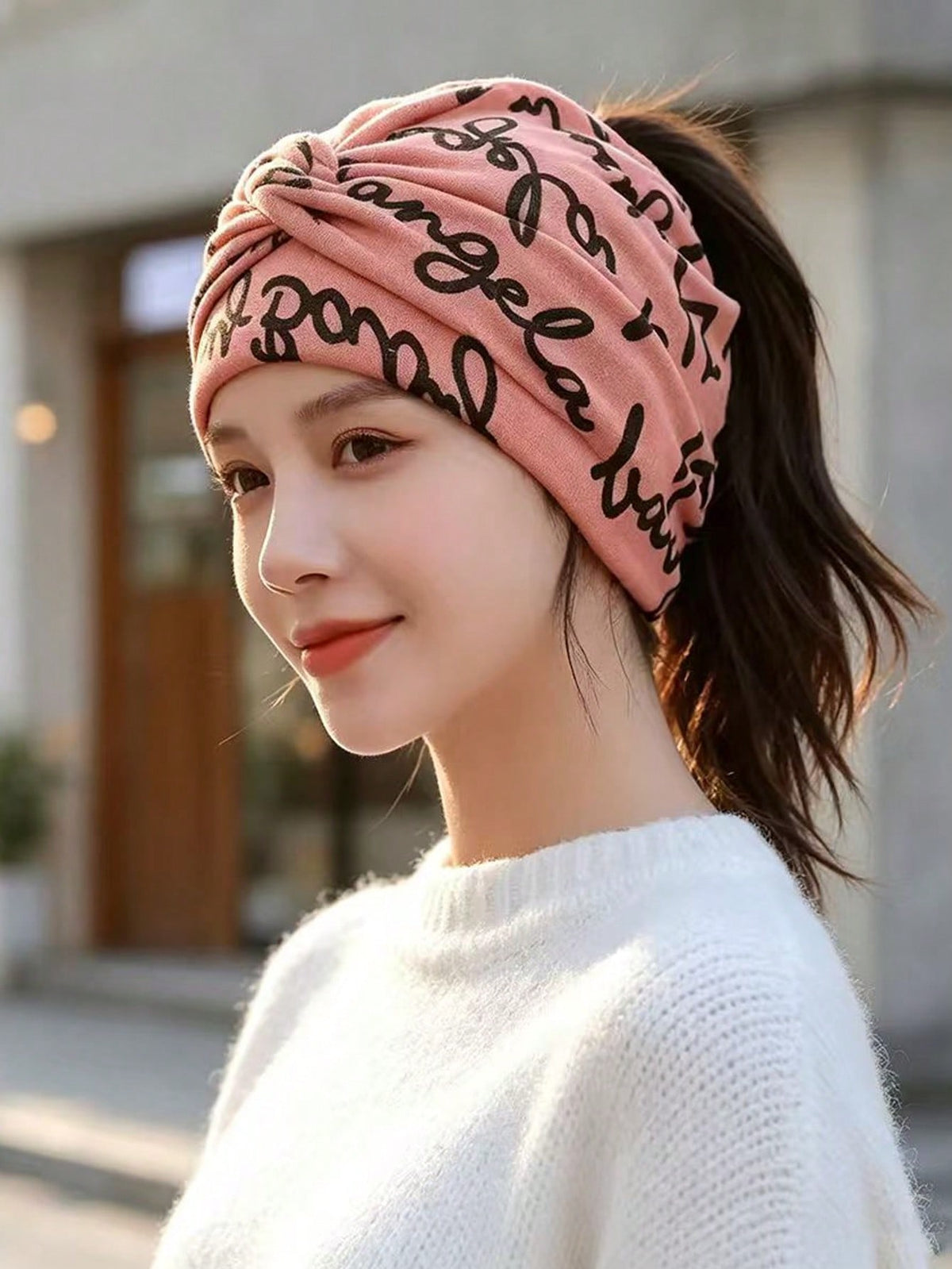 Women's American Letter Print Twisted Headwrap Cap, Elastic Wide Band Headscarf, Casual Hair Cap For High Ponytail, Spring/Autumn Windproof Versatile Fashion Beanie, Chemotherapy Hair Cover Slouchy Ha