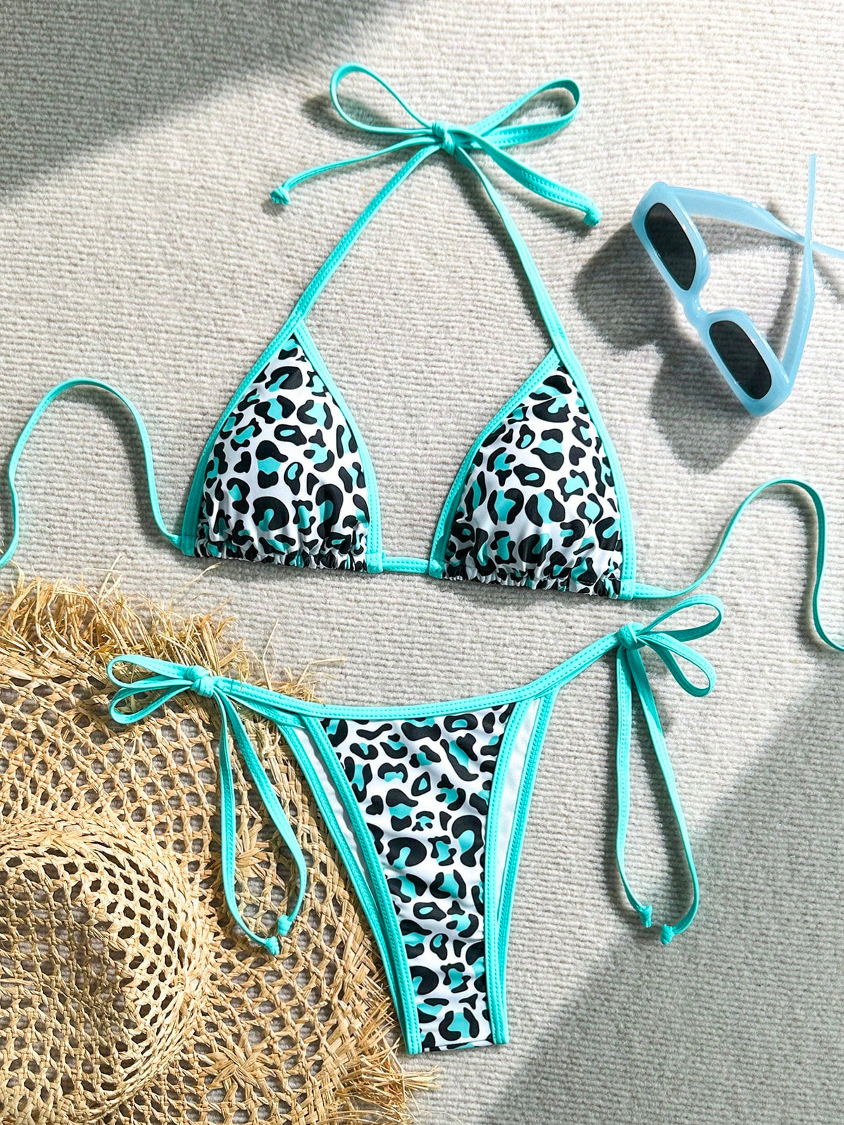 Women's Backless Camisole Leopard Print Patchwork Bikini Set (Top And Bottom), Casual Summer Vacation Beach