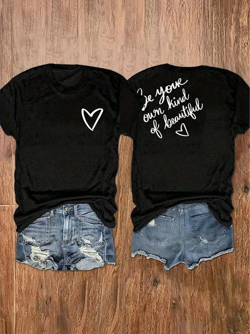 Women's "Be Your Own Kind Of Beautiful" Print Front And Back T-Shirt, Casual Short Sleeve Top, Women's Clothing
