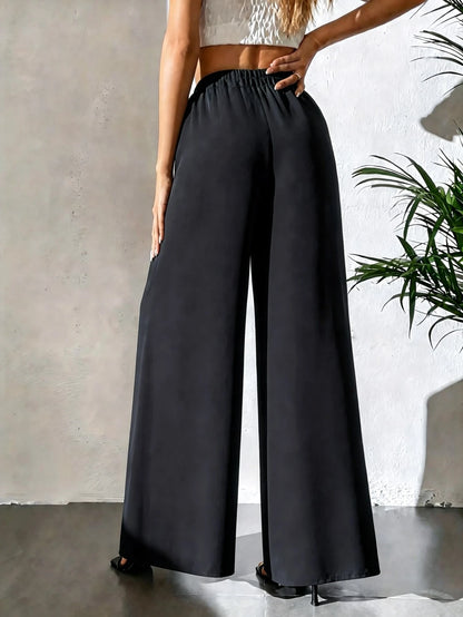Women's Black High Waist Chiffon Wide Leg Pants, Flowy Sheer Design, Summer Party Beach Wear