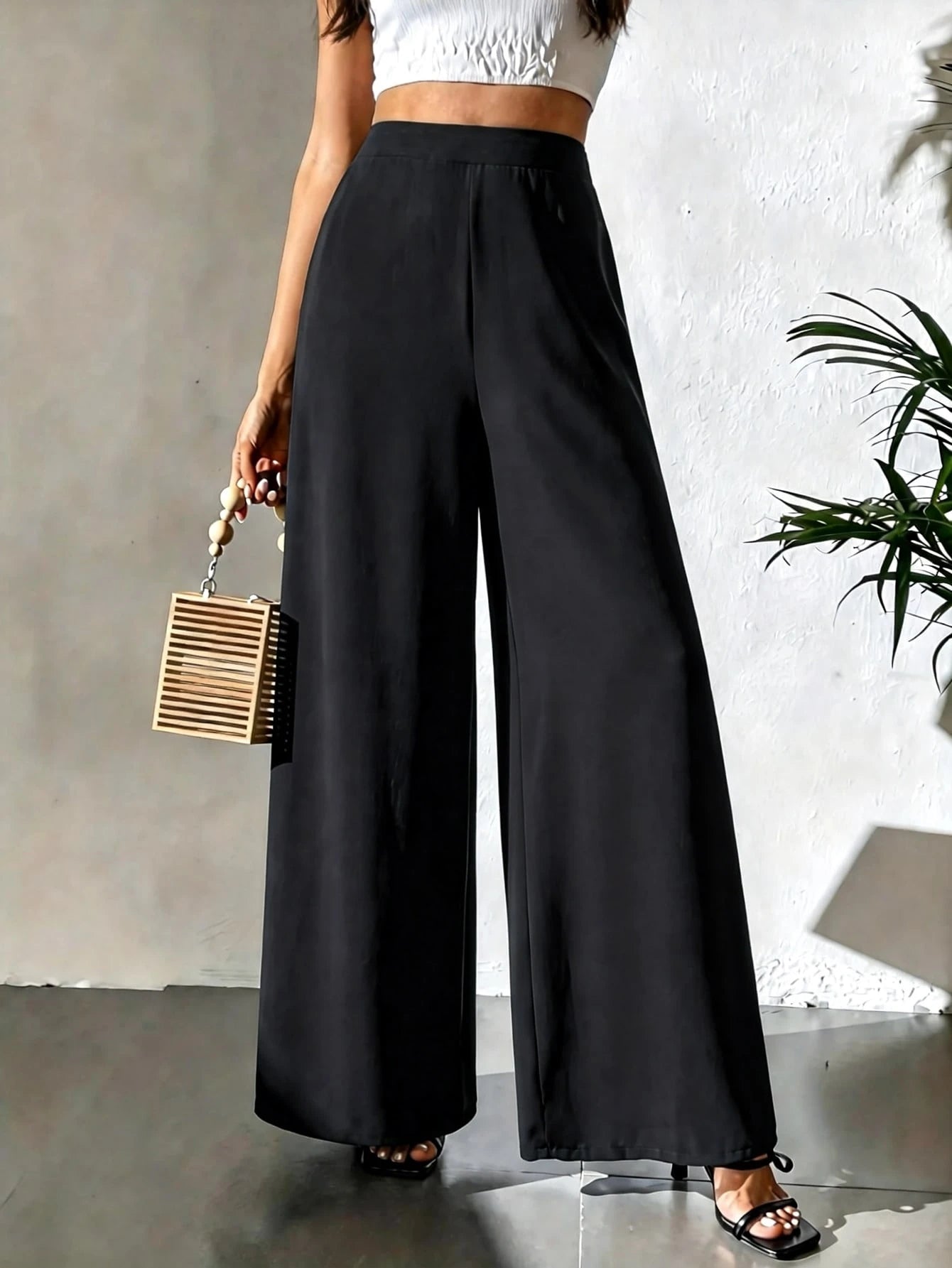 Women's Black High Waist Chiffon Wide Leg Pants, Flowy Sheer Design, Summer Party Beach Wear