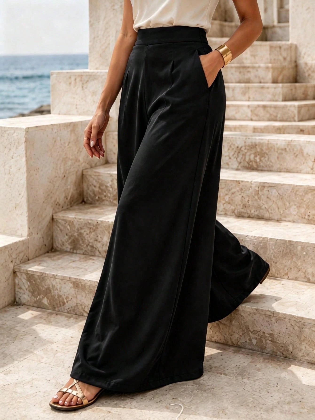Women's Black High Waist Chiffon Wide Leg Pants, Flowy Sheer Design, Summer Party Beach Wear