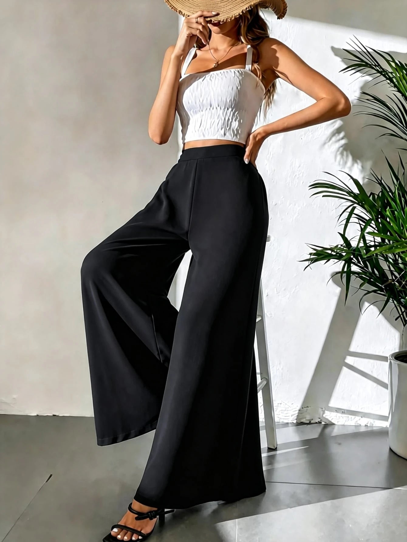 Women's Black High Waist Chiffon Wide Leg Pants, Flowy Sheer Design, Summer Party Beach Wear