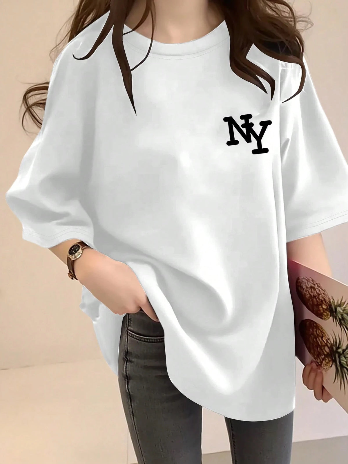 Women's Black NYC Letter Print Loose Fit Round Neck Short Sleeve T-Shirt,Casual Summer Top,Black N White,Summer,Casual,City Break Comfortable Design