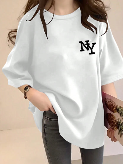 Women's Black NYC Letter Print Loose Fit Round Neck Short Sleeve T-Shirt,Casual Summer Top,Black N White,Summer,Casual,City Break Comfortable Design