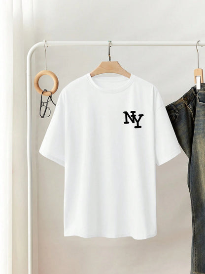 Women's Black NYC Letter Print Loose Fit Round Neck Short Sleeve T-Shirt,Casual Summer Top,Black N White,Summer,Casual,City Break Comfortable Design