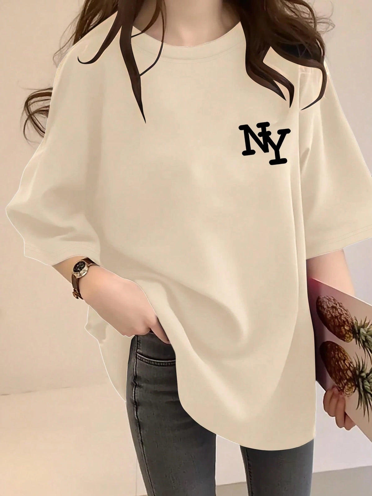 Women's Black NYC Letter Print Loose Fit Round Neck Short Sleeve T-Shirt,Casual Summer Top,Black N White,Summer,Casual,City Break Comfortable Design