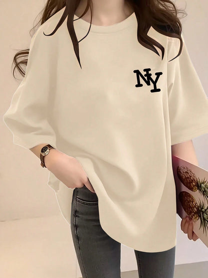 Women's Black NYC Letter Print Loose Fit Round Neck Short Sleeve T-Shirt,Casual Summer Top,Black N White,Summer,Casual,City Break Comfortable Design