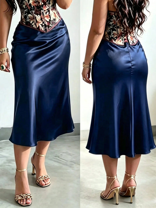 Women's Black Satin Midi Skirt, Sexy Date Night Gown, Luxury Style Spaghetti Strap Skirt, Versatile Casual Elegant Skirt, Minimalist Design, Quiet Luxury