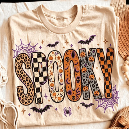 Women's Black Washed Halloween T-Shirt, Multi-Pattern "SPOOKY" Casual Top Halloween Parties, Trick-Or-,Treating & Spooky Casual,Fall