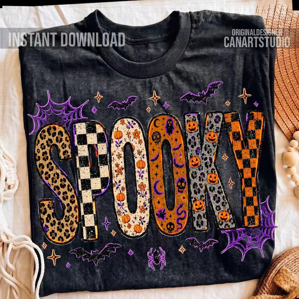 Women's Black Washed Halloween T-Shirt, Multi-Pattern "SPOOKY" Casual Top Halloween Parties, Trick-Or-,Treating & Spooky Casual,Fall