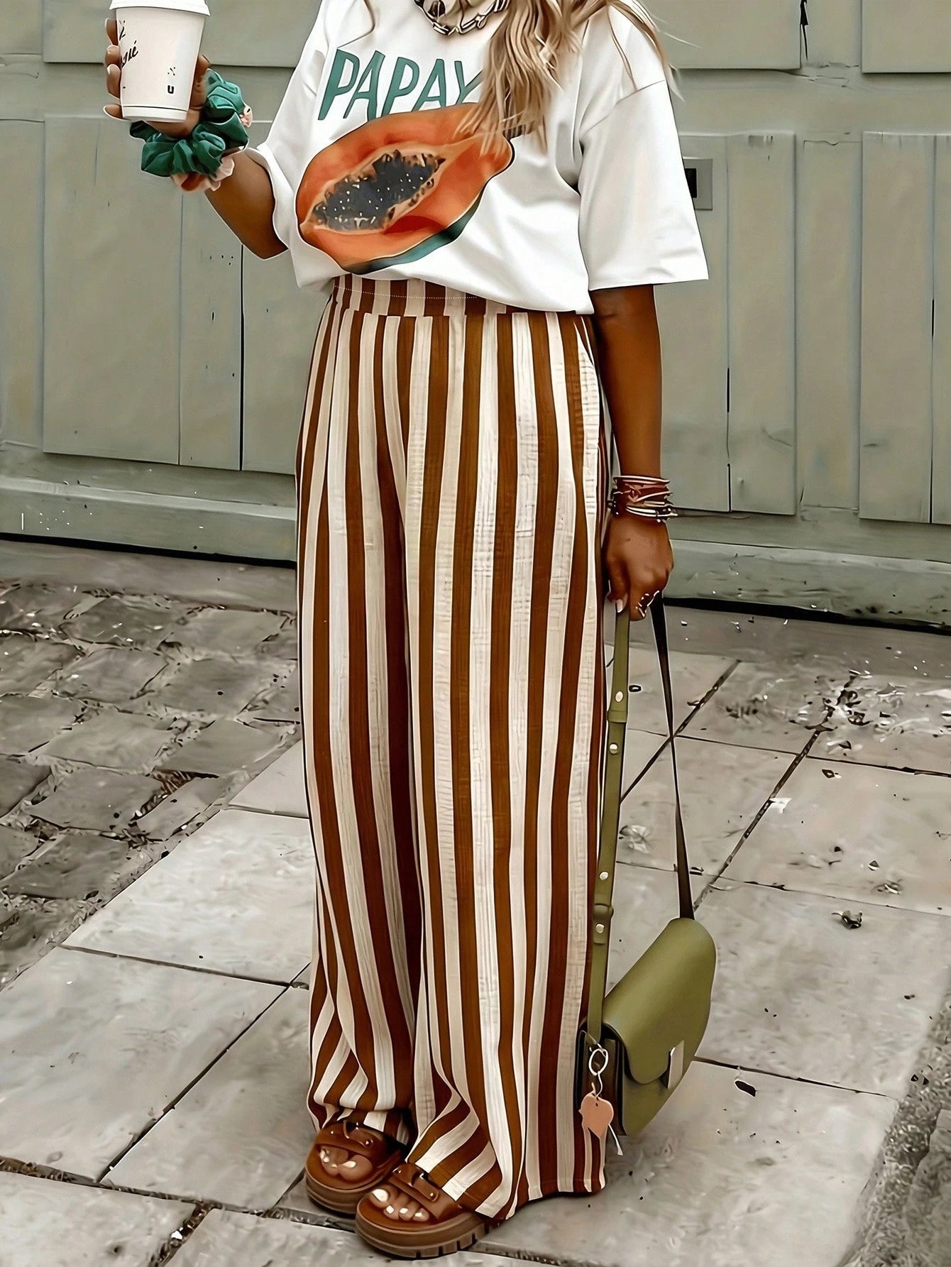 Women's Blue & White Striped Woven Wide Leg Casual Beach Pants, Spring/Summer Brown, Resort Wear
