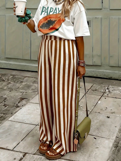 Women's Blue & White Striped Woven Wide Leg Casual Beach Pants, Spring/Summer Brown, Resort Wear