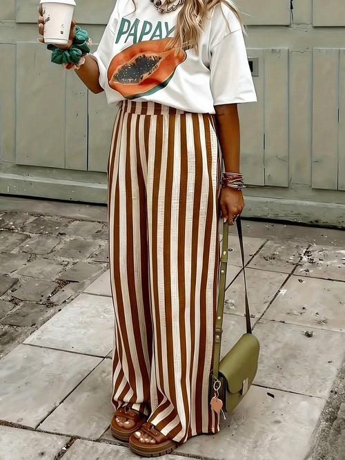 Women's Blue & White Striped Woven Wide Leg Casual Beach Pants, Spring/Summer Brown, Resort Wear