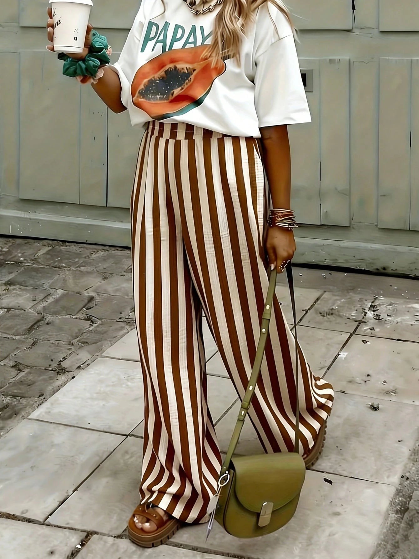 Women's Blue & White Striped Woven Wide Leg Casual Beach Pants, Spring/Summer Brown, Resort Wear