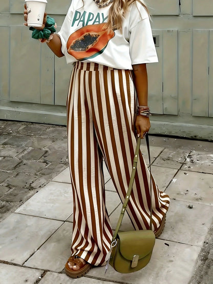 Women's Blue & White Striped Woven Wide Leg Casual Beach Pants, Spring/Summer Brown, Resort Wear