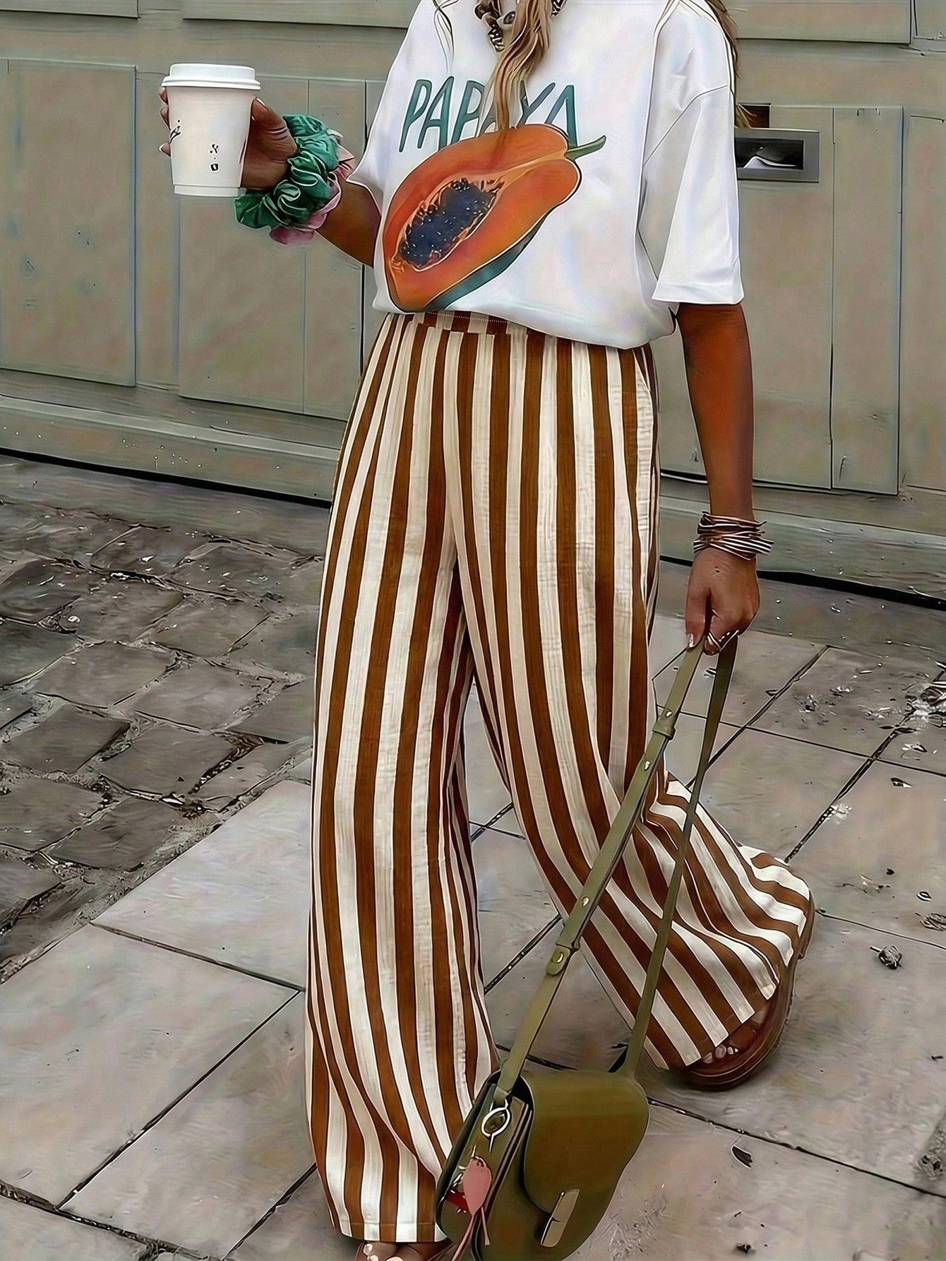 Women's Blue & White Striped Woven Wide Leg Casual Beach Pants, Spring/Summer Brown, Resort Wear