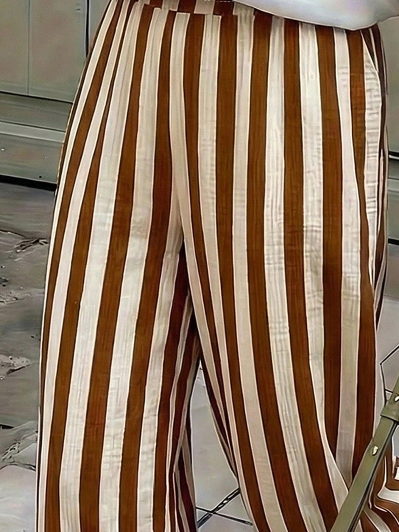 Women's Blue & White Striped Woven Wide Leg Casual Beach Pants, Spring/Summer Brown, Resort Wear