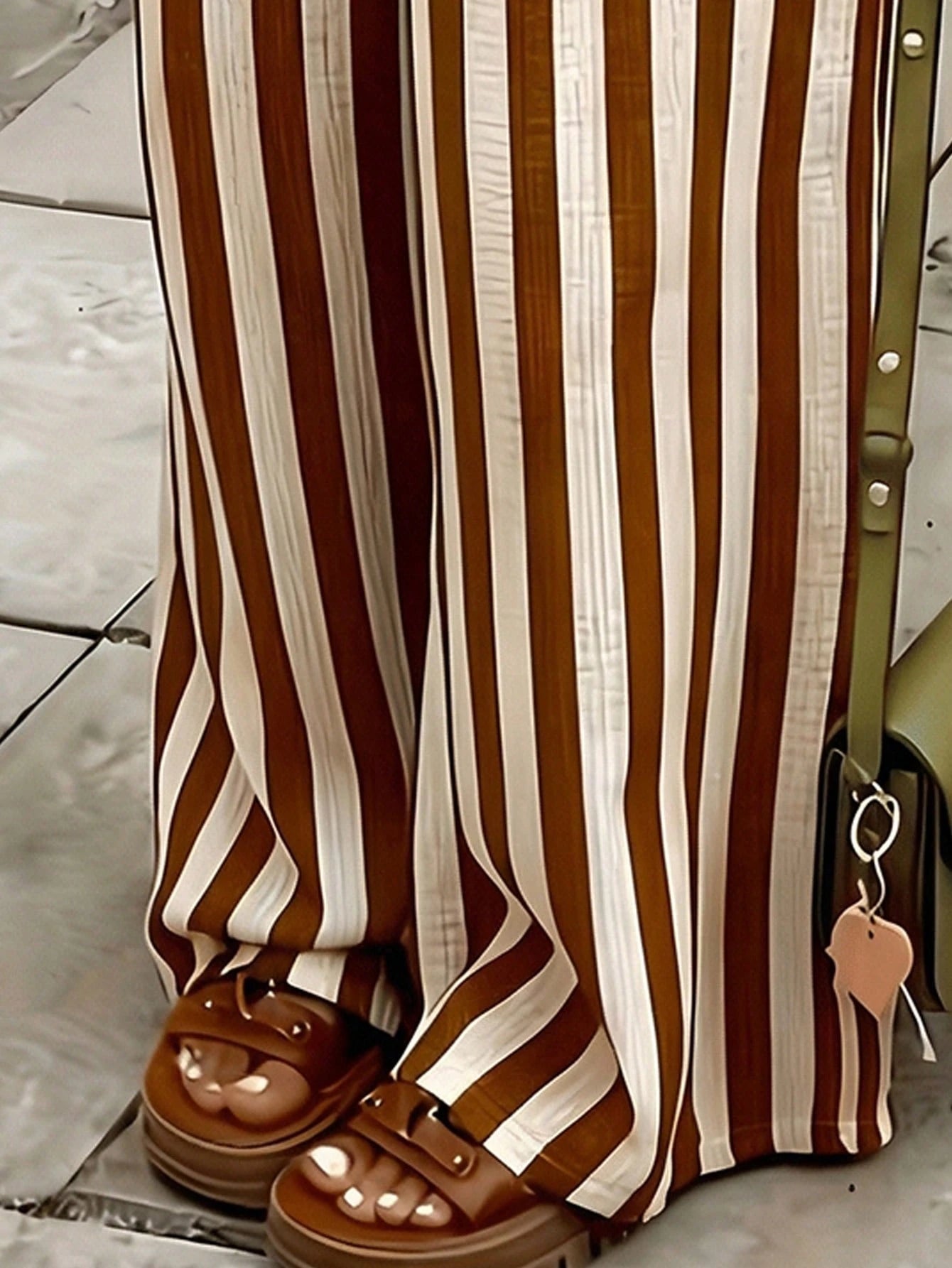 Women's Blue & White Striped Woven Wide Leg Casual Beach Pants, Spring/Summer Brown, Resort Wear