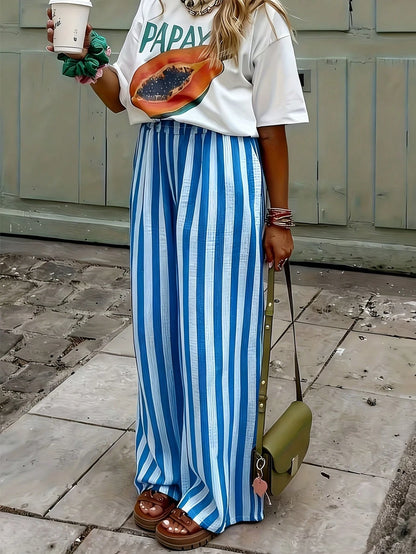 Women's Blue & White Striped Woven Wide Leg Casual Beach Pants, Spring/Summer Brown, Resort Wear