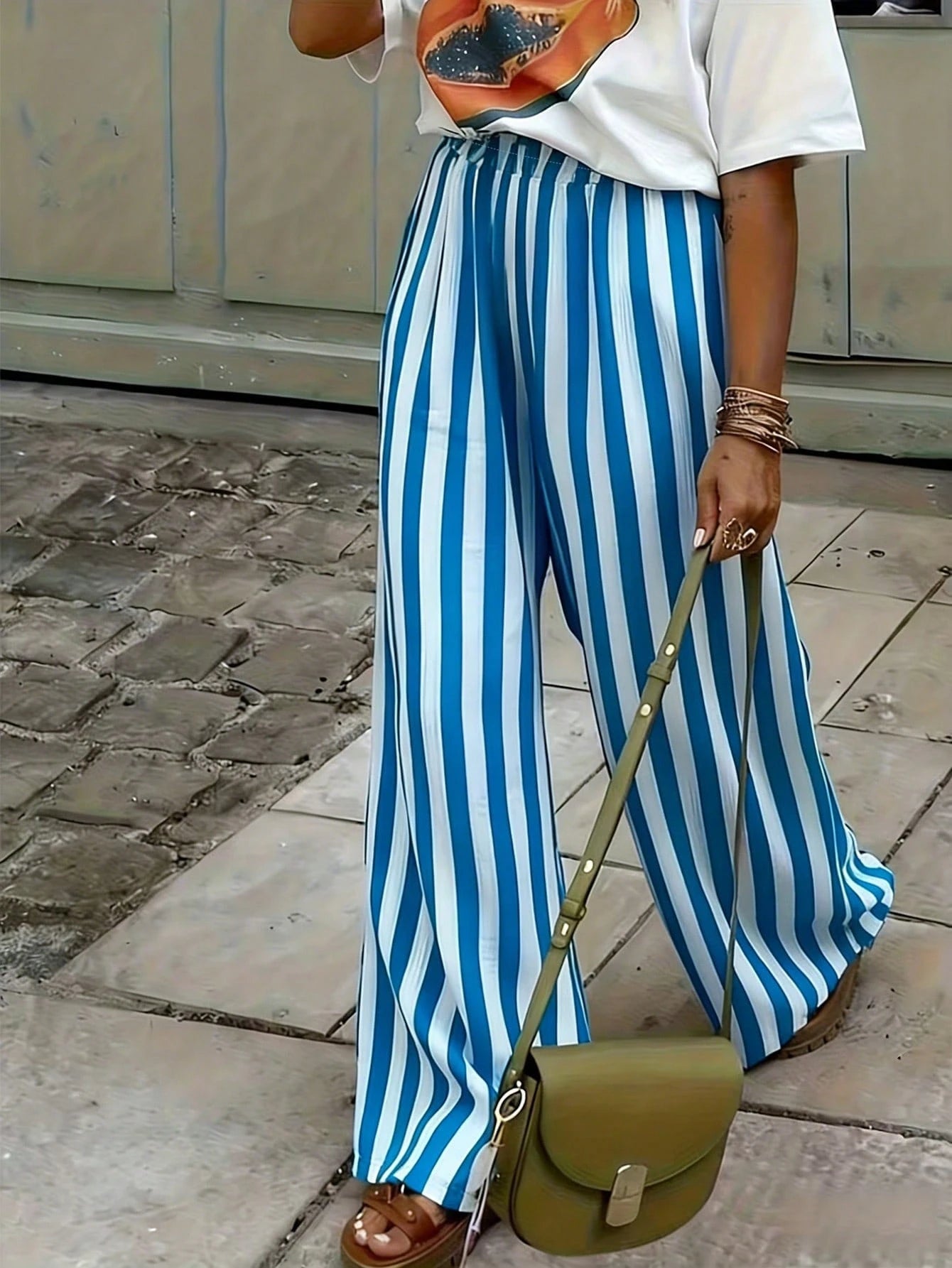 Women's Blue & White Striped Woven Wide Leg Casual Beach Pants, Spring/Summer Brown, Resort Wear