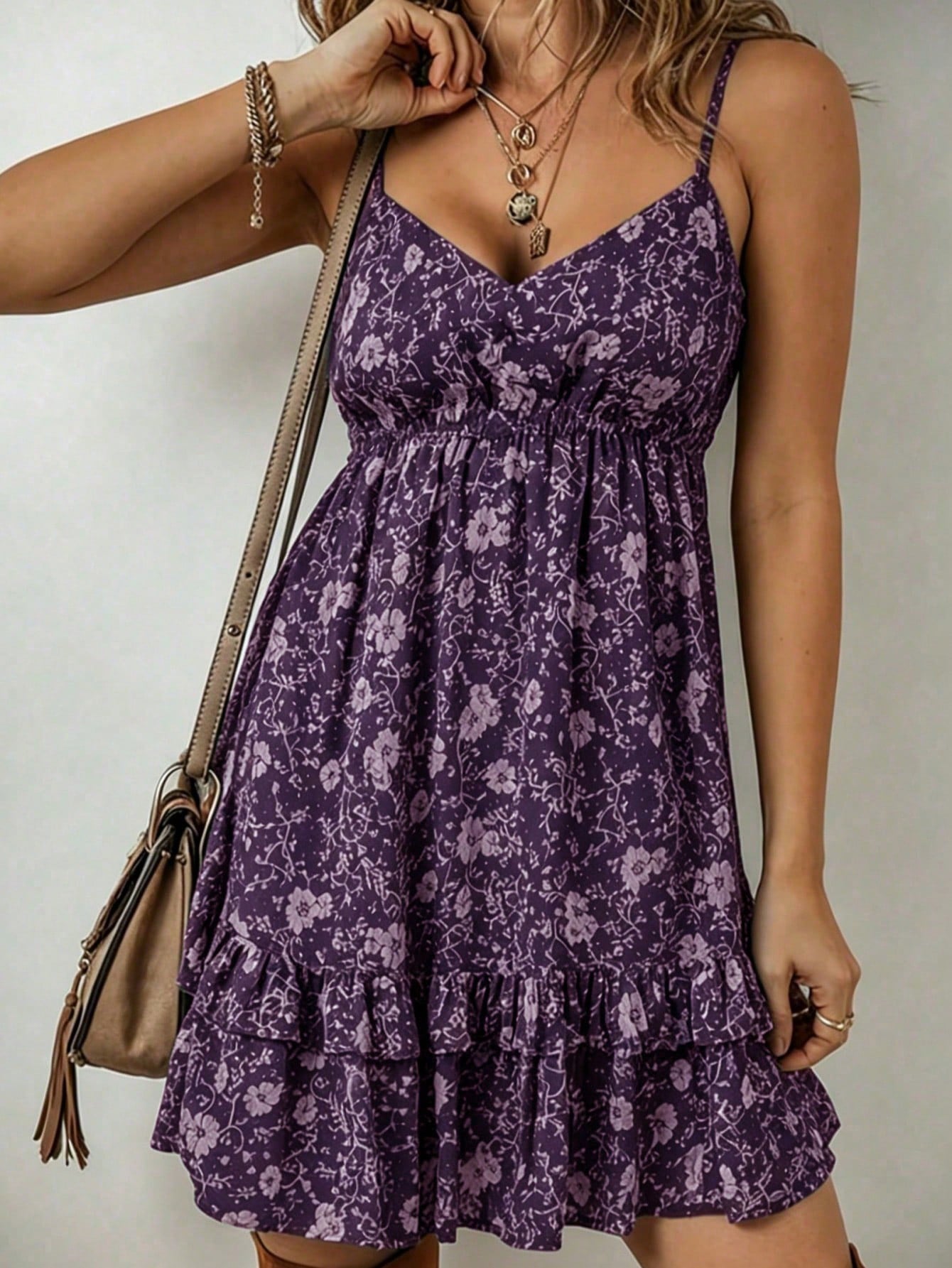 Women's Bohemian Style Ditsy Floral Camisole Dress, Cute Ruffle Hem, Purple Woven Fabric, Sleeveless, Essential For Summer Vacation Elegant