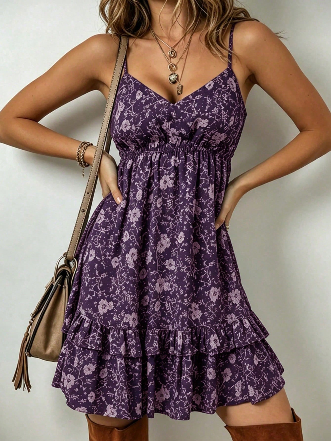 Women's Bohemian Style Ditsy Floral Camisole Dress, Cute Ruffle Hem, Purple Woven Fabric, Sleeveless, Essential For Summer Vacation Elegant