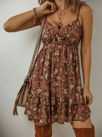 Women's Bohemian Style Ditsy Floral Camisole Dress, Cute Ruffle Hem, Purple Woven Fabric, Sleeveless, Essential For Summer Vacation Elegant