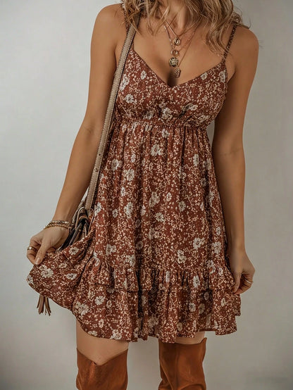 Women's Bohemian Style Ditsy Floral Camisole Dress, Cute Ruffle Hem, Purple Woven Fabric, Sleeveless, Essential For Summer Vacation Elegant